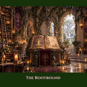 May include: An open book titled The Rootbound rests on a stone pedestal within a library filled with climbing vines, bookshelves, and stone arches. The pages display a golden tree illustration and botanical drawings, with purple banners featuring tree motifs.