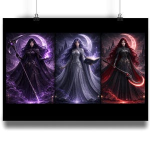 May include: A poster featuring three fantasy art images of women with long hair and flowing gowns. Each image has a different color scheme: purple, silver, and red. The women are set against a backdrop of a moon and a castle.