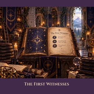 May include: An open book titled The First Witnesses features a central eye illustration on the left page and text on the right page. The text lists Historians and Recorders, Interpreters of Signs and Sigils, and Protectors of Truth with icons.