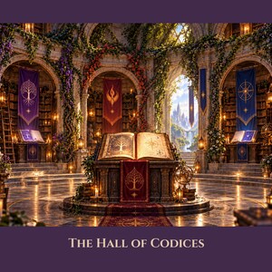 May include: A stone hall with arched alcoves, bookshelves, and hanging banners in purple, red, and blue. A central stone pedestal holds an open book with tree and compass illustrations. The text "THE HALL OF CODICES" appears at the bottom.