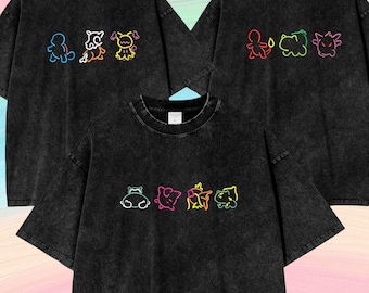 Besticktes Pokemon Mineral Wash T-Shirt, Vintage Manga Style T-Shirt, Retro Washed Shirt, Geschenk für Ihn