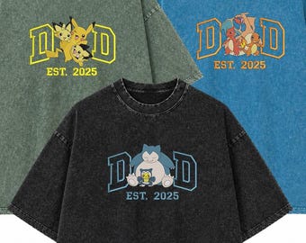 Custom Anime Dad Embroidered Mineral Wash T-Shirt, Vintage Manga Characters Tee, Retro Washed Anime Shirt, Father Day's Gift for Him