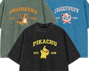 Pokemon Character Embroidered Mineral Wash T-Shirt, Vintage Manga Characters Tee, Retro Washed Anime Shirt, Unisex Gift for Him Her