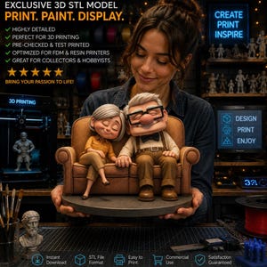 May include: A 3D STL model of an elderly couple sitting on a brown sofa, featuring a woman in a yellow shirt and a man with glasses and a bowtie. The text reads EXCLUSIVE 3D STL MODEL, PRINT. PAINT. DISPLAY., CREATE PRINT INSPIRE, and 3D PRINTING.