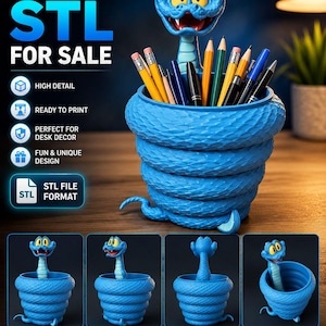 May include: A blue 3D-printed desk organizer shaped like a coiled snake, holding pencils and pens. The text "3D MODEL STL FOR SALE" is at the top. Additional text includes "HIGH DETAIL", "READY TO PRINT", "STL FILE FORMAT".