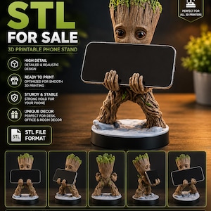 Könnte beinhalten: Eine braune, baumartige Figur mit grünem Mooshaar, die ein schwarzes Smartphone hält und als 3D-druckbarer Handyhalter dient. Der Text lautet TREE GUARDIAN STL FOR SALE 3D PRINTABLE PHONE STAND, HIGH DETAIL, READY TO PRINT, STURDY & STABLE, UNIQUE DECOR.