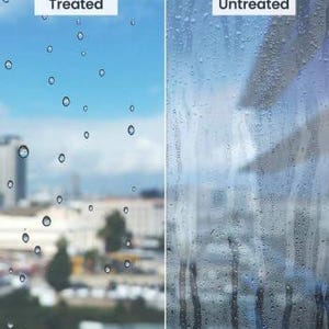 May include: Side-by-side comparison of treated and untreated glass. The left side shows clear glass with individual water droplets against a blurred cityscape and blue sky. The right side shows fogged glass with blurred shapes and the text "Untreated".