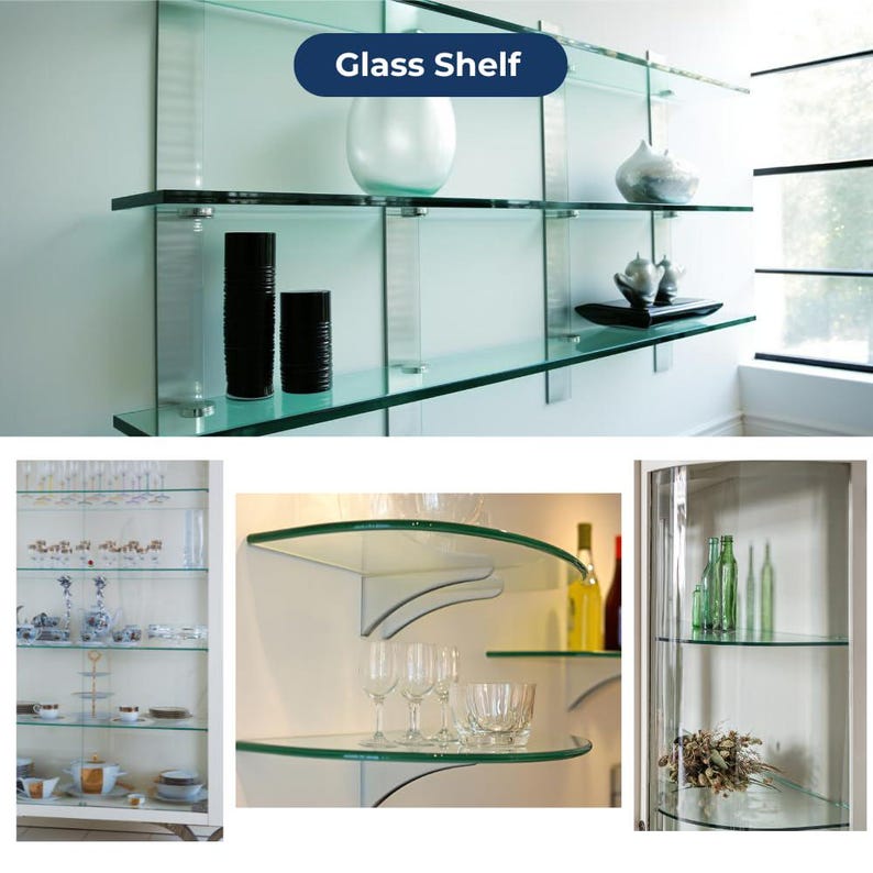 K&ouml;nnte beinhalten: Glasregale mit modernem Design. Die Regale bestehen aus klarem Glas und werden von Metallhaltern getragen. Das Bild zeigt auch eine Glasvitrine und Glasregale mit Glaswaren.