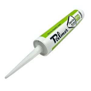 May include: A white and green tube of Palmer mirro-mastic sealant. The tube has a white nozzle and features the text "Palmer" in black, along with "Super Soft" and "VOC" labels. The website mirro-mastic.com is also printed on the tube.