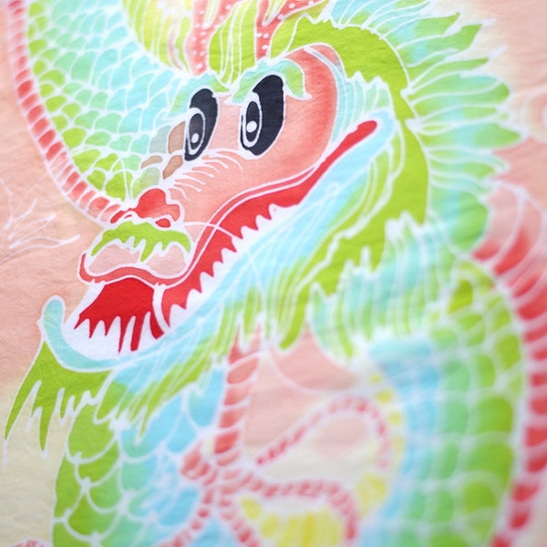 Dragon fabric, cute dragon art material for kids. Colorful fat quarter hand painted fabric scraps for sewing, quilting, arts and crafts kids