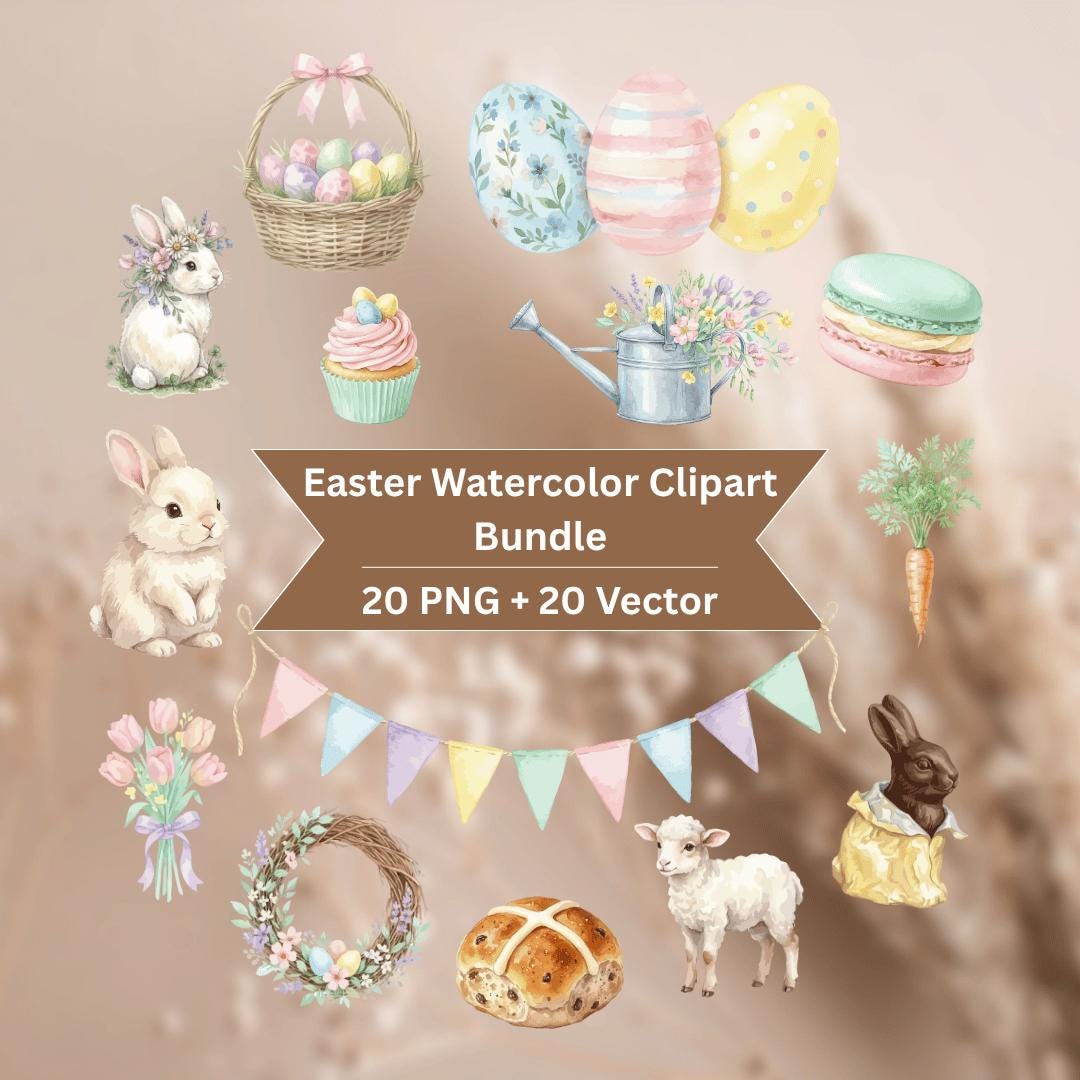 Easter Watercolor Clipart Bundle PNG & AI Vector Files, Spring Bunny ...