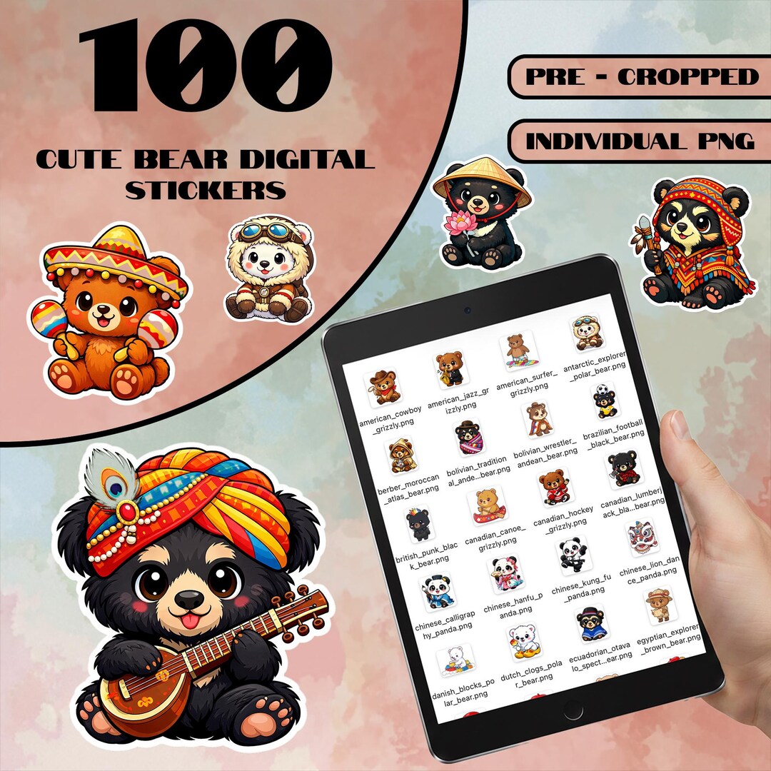 100 Kawaii Bear Digital Stickers PNG Clipart Bundle | Cute Animal for ...
