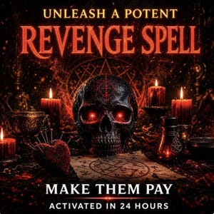 May include: A dark, digitally enhanced image featuring a black skull with glowing red eyes, surrounded by candles, a heart-shaped pin cushion, and a potion bottle. Text reads "UNLEASH A POTENT REVENGE SPELL" and "MAKE THEM PAY, ACTIVATED IN 24 HOURS."