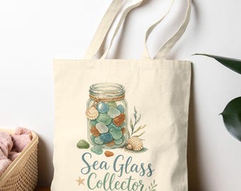 Sea Glass Collector Tote Bag, Ocean Lover Canvas Tote, Coastal Grandmother Tote