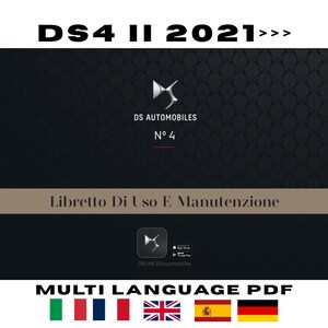 Op de afbeelding: Een digitale handleiding voor het voertuig DS4 II 2021, voorzien van het DS Automobiles logo, de tekst Libretto Di Uso E Manutenzione en een Multi Language PDF label met landensymbolen en app store downloadopties.