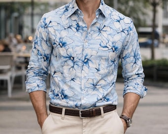 Men’s Floral Cotton Shirt, Blue Flower Print Button Down Shirt, Summer Casual Shirt, Gift for Him