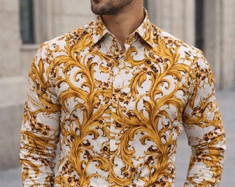 Men’s Baroque Cotton Shirt, Gold White Print Button Down Shirt, Luxury Shirt, Gift for Him