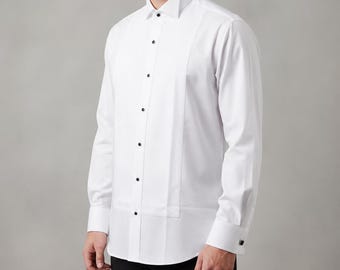 Men’s White Tuxedo Shirt, Wedding Shirt with French Cuff, Groom, Ceremony Jewelry Button Shirt, Honeycomb Pique Dress Shirt