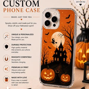 May include: A clear phone case featuring a Halloween-themed graphic with an orange background, a full moon, a silhouette of a haunted house, a witch on a broomstick, bats, and two glowing jack-o'-lanterns with a black cat in the foreground.