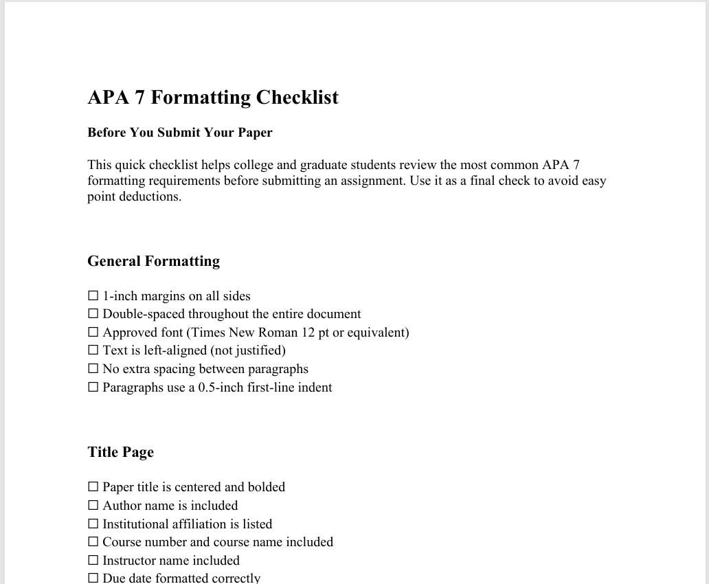 APA 7 Formatting Checklist | College & Graduate Paper Guide | Instant ...