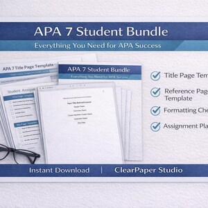 May include: An APA 7 Student Bundle with the text "Everything You Need for APA Success." The bundle includes a title page template, reference page template, formatting checklist, and assignment planner. Also included are a blue notebook, pen, and eyeglasses.