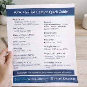 May include: A printed APA 7 In-Text Citation Quick Guide. The guide includes examples for basic formats, two or more authors, direct quotes, and no author citations. The document has a blue header and footer with the text "Editable Word Document" and "Instant Download".