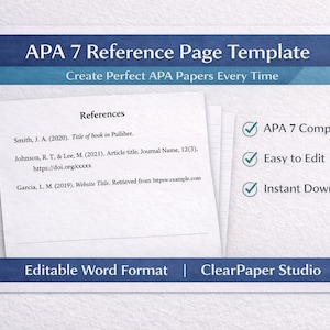 APA 7 Reference Page Template | Editable Word Format (Instant Download)