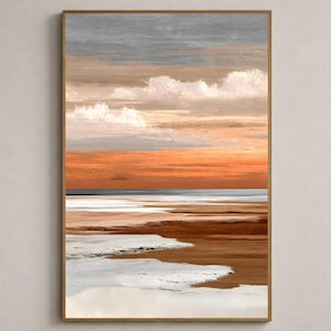 錆びたオレンジ色の海岸風景ウォールアート - 抽象的な海景プリント - ニュートラルなビーチ風景 - モダンな海岸装飾