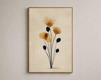 Ochre Botanical Print – Mustard Yellow Minimalist Flower Art, Beige Boho Japandi Decor