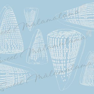 May include: A light blue background with white line art illustrations of cone-shaped objects. The objects have a dotted pattern and are in various orientations. The text "Sweet Malamalama" is written across the image in a cursive font.