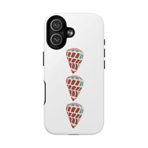 May include: A white smartphone case featuring a vertical arrangement of three identical cone-shaped shell illustrations. Each shell displays a repeating pattern of maroon, light blue, and peach-coloured segments against a cream background.