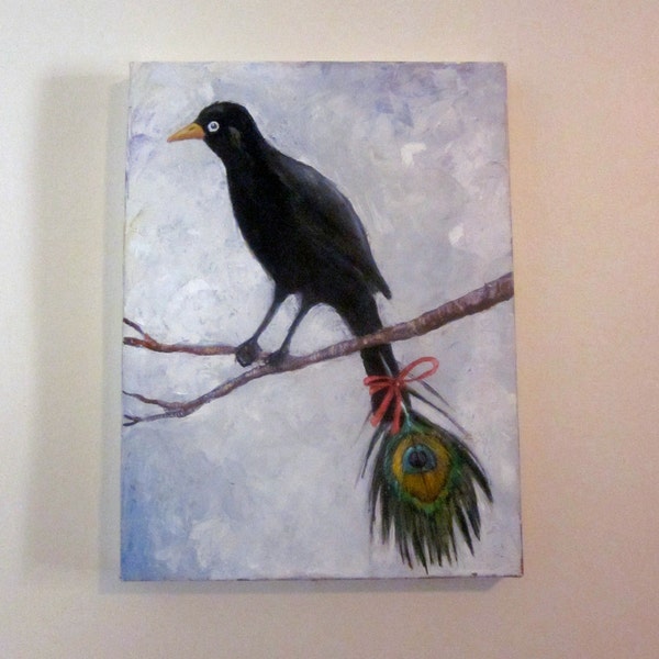 Original oil painting Black bird with peackock feather on canvas 20"x24