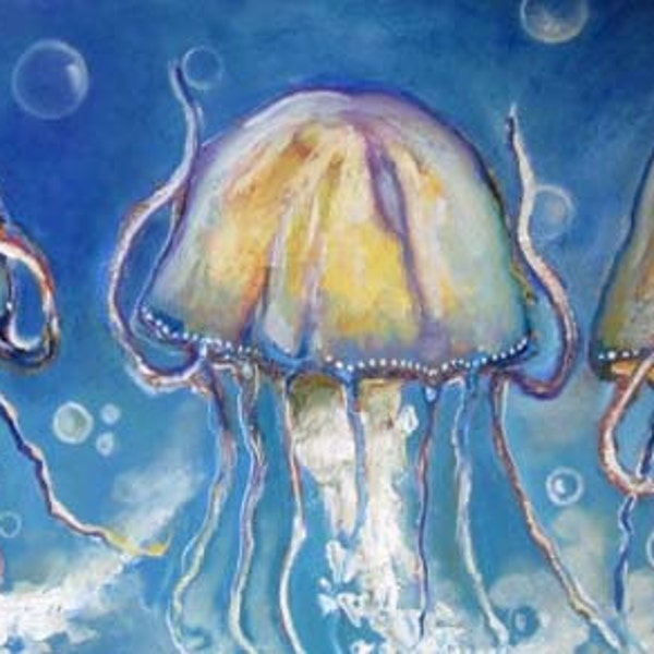 Original jellyfish oil painting on canvas 12"x24" see no evil hear no evil speak no evil