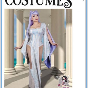 May include: McCall's Costumes pattern M8187 features a woman in a fantasy costume. The costume is a white and silver dress with a high slit, cape sleeves, and matching boots. The model has lavender hair and is posing in front of columns.