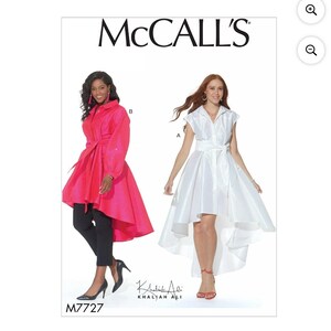 May include: McCall's sewing pattern M7727 featuring two fashion designs. One is a bright pink coat with a belt, and the other is a white dress with a high-low hemline. The pattern includes the designer's name, Khadijah Ali.