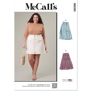 May include: McCall's sewing pattern M8390 featuring a woman wearing a white denim skirt with a zipper and pockets. The pattern includes illustrations of two skirt styles. The McCall's logo is at the top, with text in English and French.