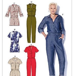 May include: McCall's sewing pattern M7330 featuring several jumpsuit designs. The image shows a woman wearing a denim jumpsuit. Other designs include a red jumpsuit, a green jumpsuit, and patterned jumpsuits in beige and blue.