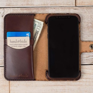 Funda/cubierta de piel tipo billetera para teléfono Motorola One 5g o 5g Ace, hecha a mano en EE. UU. con piel curtida vegetal italiana