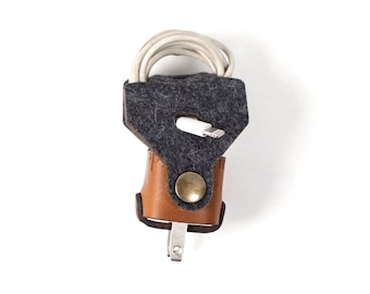 Felt iPhone Cord Wrap, keeper. organizer handcrafted in the USA from veg-tanned cowhide