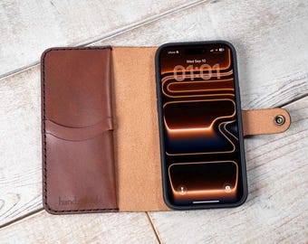 iPhone 17 Pro Leather Wallet Case, handmade in USA from veg-tanned Italian cowhide