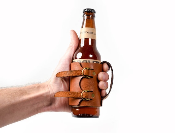 Leather Beer Holder, Beer Handle, Great Gift, Leather Beer Sleeve, Beer Cozy,  Beer Bottle Sleeve, Leather Bottle Sleeve, Leather Beer Handle 