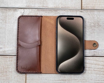 iPhone 15 Pro Max Leather Wallet Case, handmade in USA from veg-tanned Italian leather