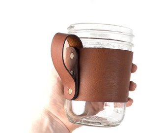 Leather Mason Jar Handle, mason jar holder, mason jar sleeve, leather drinking sleeve, custom mason jar handle, wide mouth pint jar, Kerr