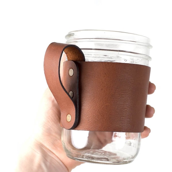 Leather Mason Jar Handle, mason jar holder, mason jar sleeve, leather drinking sleeve, custom mason jar handle, wide mouth pint jar, Kerr