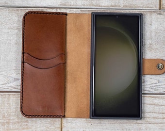 Galaxy S23 Ultra Leather Wallet Case, handmade durable phone cover from veg-tanned Italian leather.  Made in USA