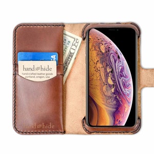 Funda tipo cartera para iPhone Xr, hecha a mano con cuero italiano, fabricada en EE. UU.