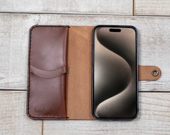 iPhone 15 Leather Wallet Case, handmade in USA from veg-tanned Italian leather