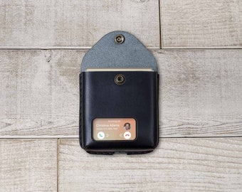 Galaxy Z Flip 7 or earlier Model Leather Pouch Case, handmade with optional belt loop, clasp, wristlet