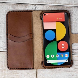 Funda tipo billetera de cuero para Google Pixel Series 1 a 5, cubierta en folio hecha a mano en los EE. UU. con cuero italiano de primera calidad
