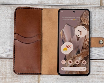 Google Pixel 8a leather wallet case/cover, handcrafted in the USA, veg-tanned full-grain leather with card slots and optional wristlet